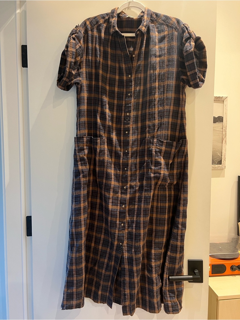 Poetry Plaid Maxi Shirt Dress in Navy and Brown size 10